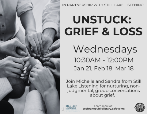 Monochrome photo of a group holding hands with event details