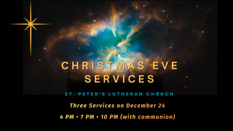 Come share the joy of Christmas with us! St. Peter's Lutheran Church invites you to our Christmas Eve Services on Wednesday, December 24 at 4 pm, 7 pm and 10 pm . Visit our website saintpeters.ca