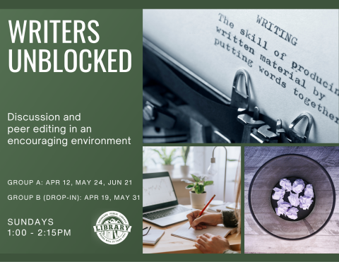 Are you a writer looking to practice your craft, connect with fellow creatives, and build a community? Then you’d be a perfect fit for our adult writers’ group, Writers Unblocked! Join us on Sunday afternoons to share your work and ideas, get feedback from your peers, and discuss editing techniques in a supportive environment. All levels of experience and genres welcome! There will be two groups meeting on different dates. Only Group B is drop-in and open to all.