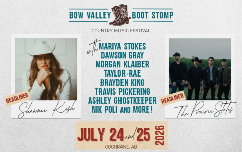 Bow Valley Boot Stomp Country Music Festival poster featuring headliners Shawnee Kish and The Prairie States, additional performer lineup, and event details for July 24–25, 2026, in Cochrane, Alberta.