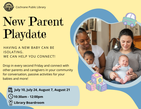 Brihgtly coloured poster for New Parent Playdate detailing the specifics of the program.