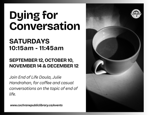 Grey background with a cup of tea and event details