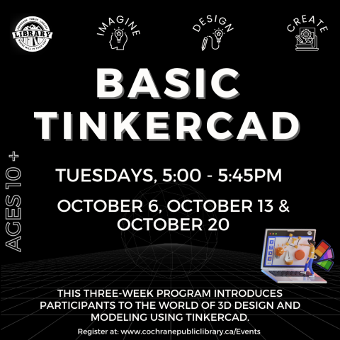 Black background with event details, 3D shapes, and a laptop