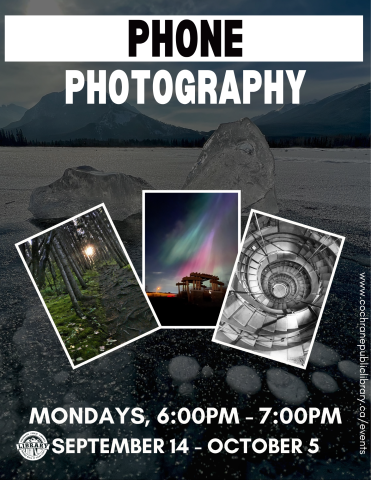 Black back ground with event details and photos of Northern Lights, spiral staircase and pathway through woods