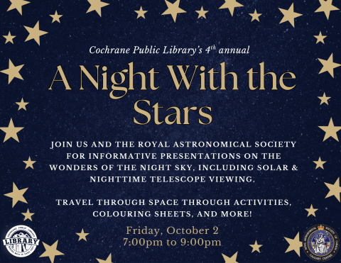 A dark blue poster for a night with the stars, with a gold star border and a night sky background